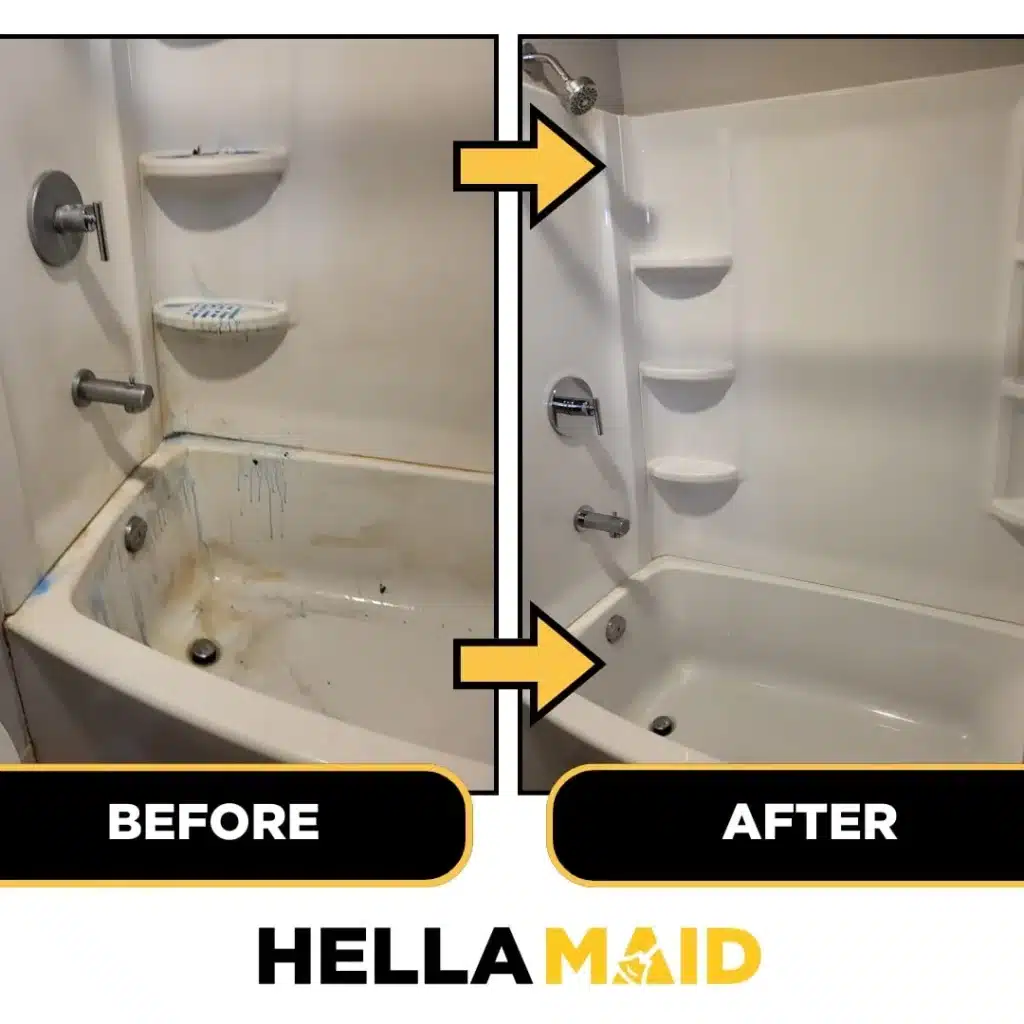 Bathtub before and after cleaning, showing removal of soap scum and stains.