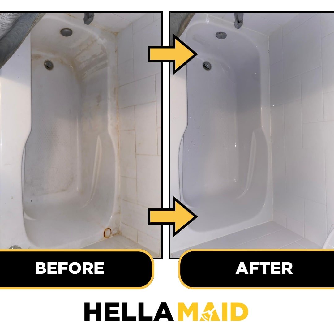 Before and after view of a stained bathtub cleaned to a spotless finish.