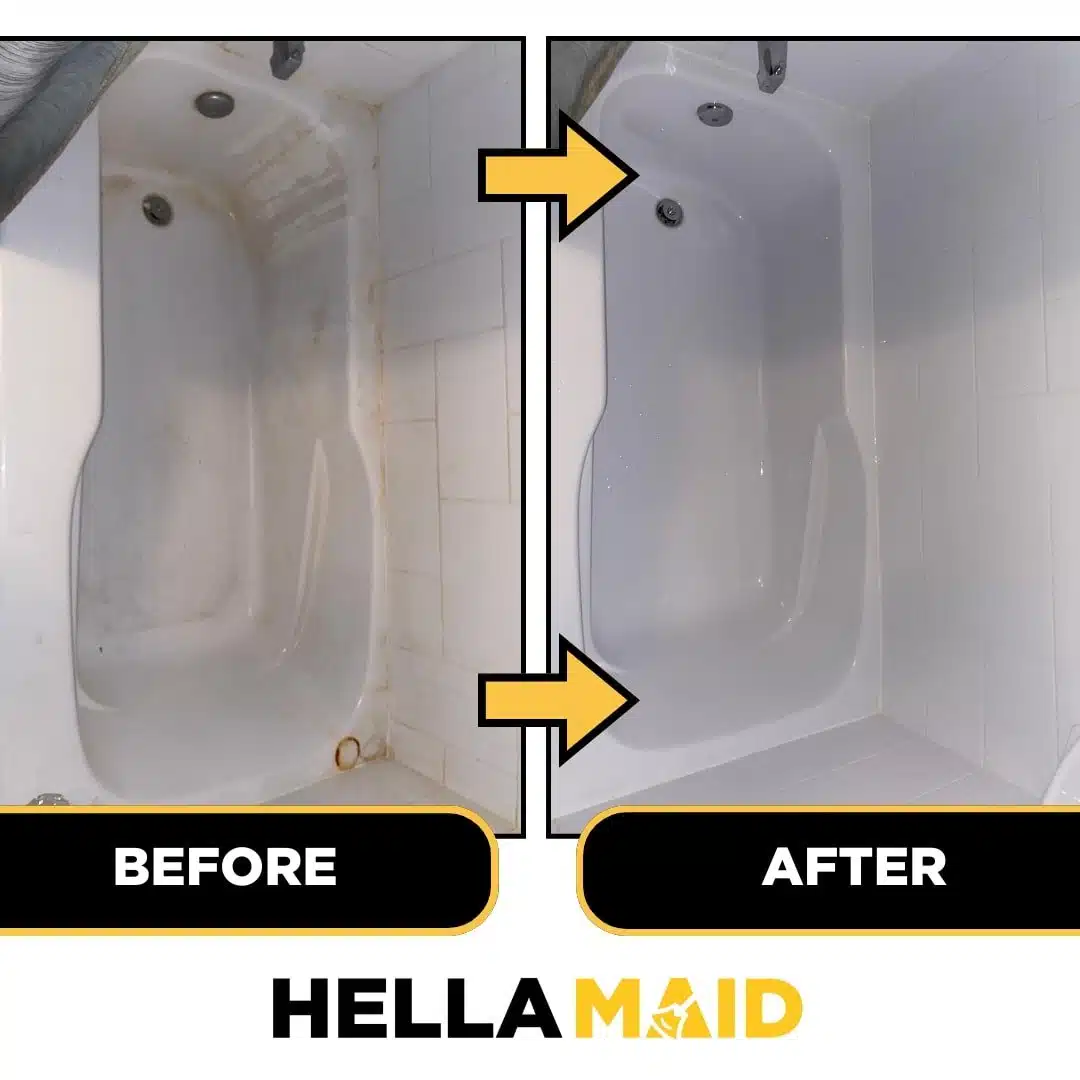Before and after view of a stained bathtub cleaned to a spotless finish.