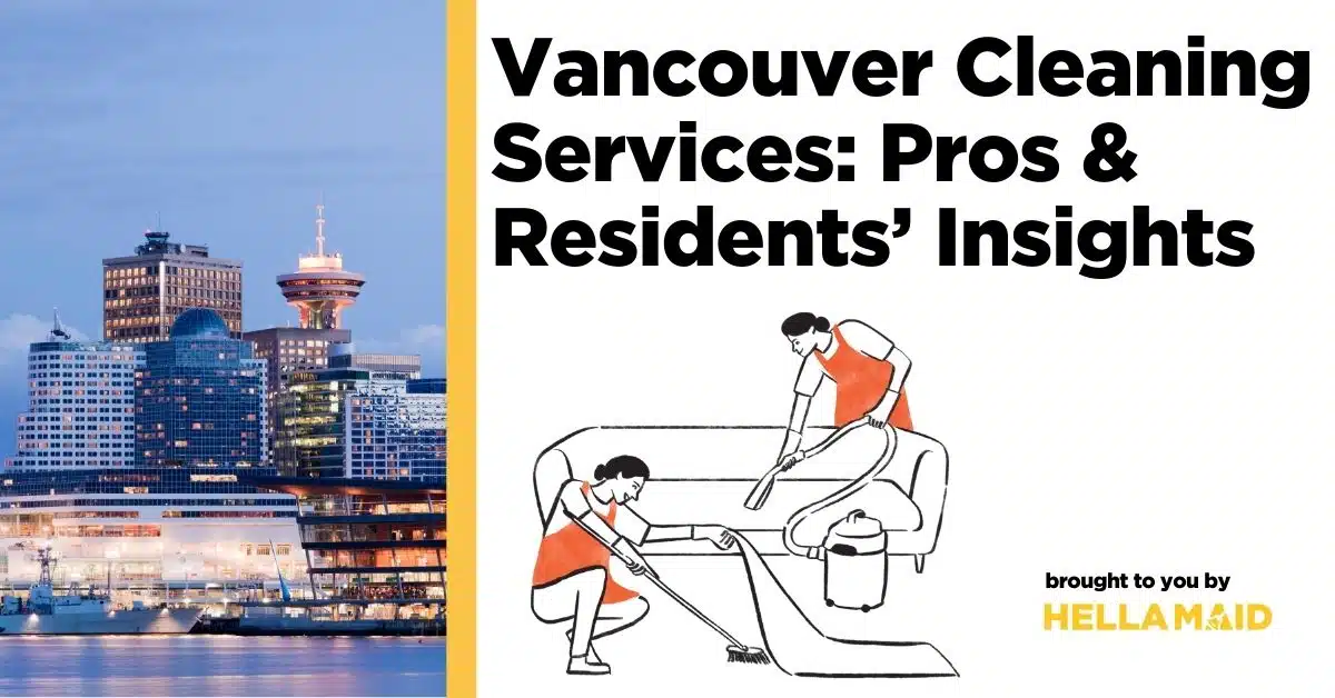An illustration showing professional cleaners beside the Vancouver Lookout Tower, with text related to "is professional house cleaning worth it in Vancouver?" blog question.