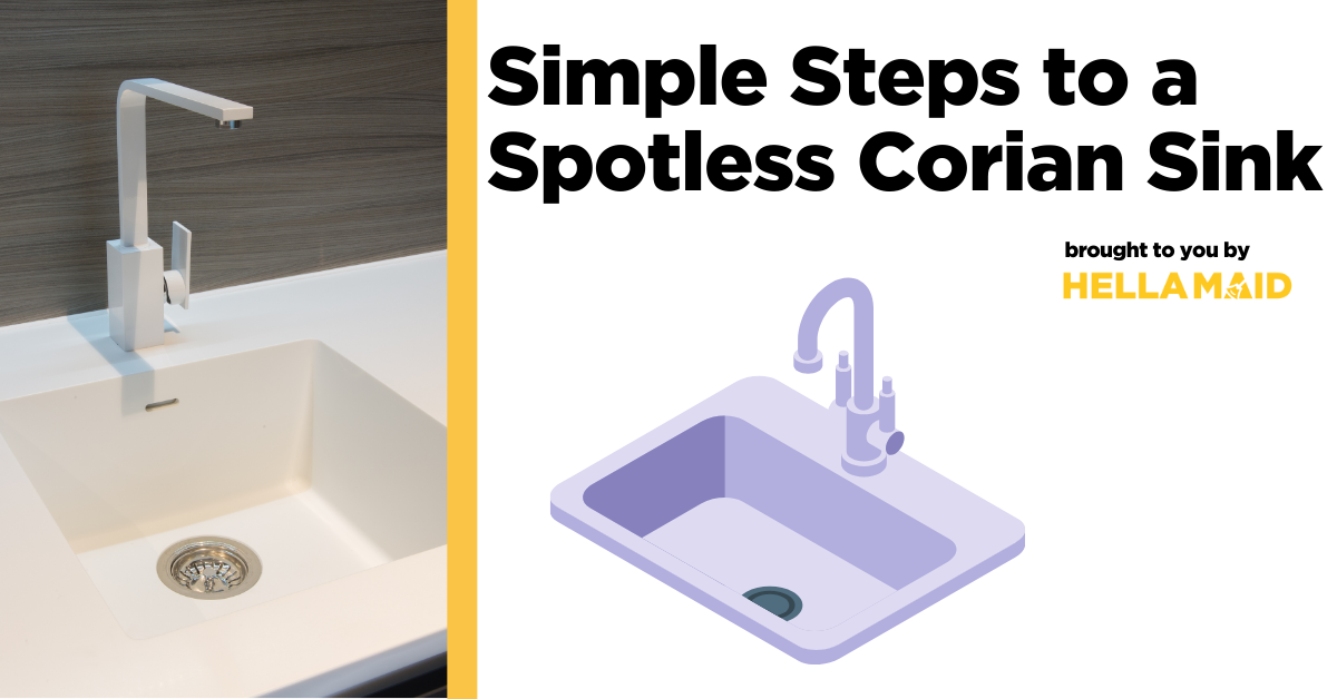 Illustration and photo of a Corian sink, with graphic text connected to the best way to clean a stained Corian sink.