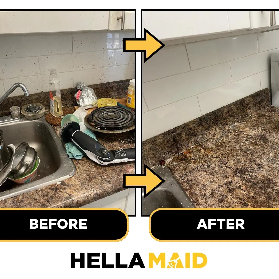 Kitchen counter cluttered and dirty before and after cleaning, showing a transformed, clean surface