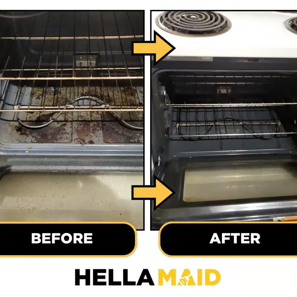 Oven interior before and after deep cleaning, showing removal of burnt residue and grime.