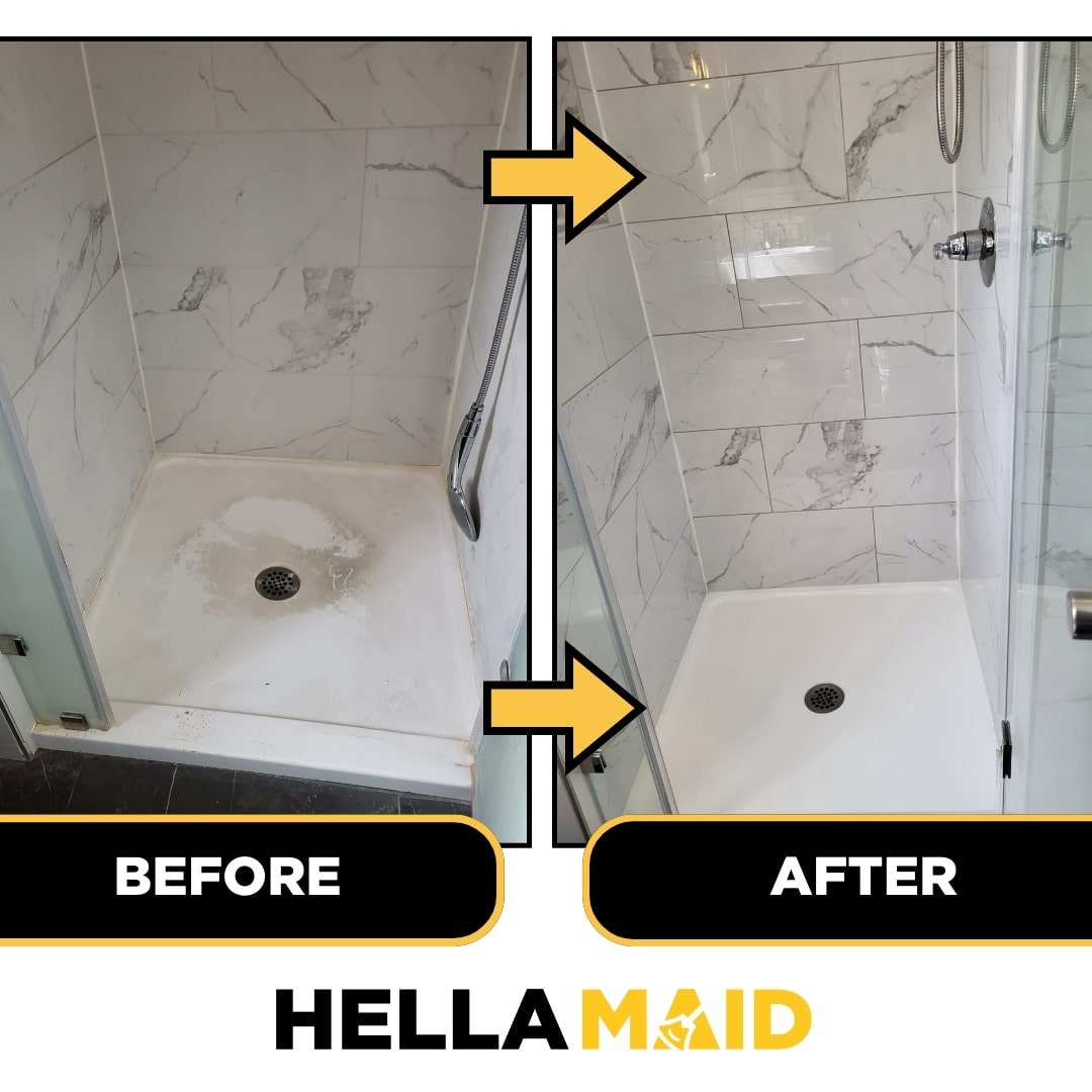 Before and after comparison of a shower stall cleaned to remove soap scum and mineral buildup.