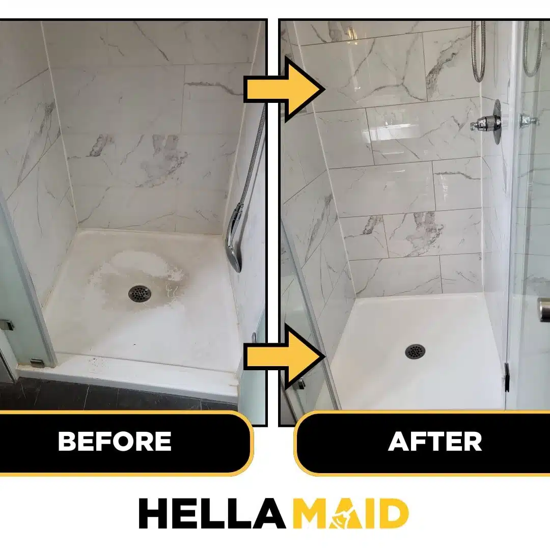 Before and after comparison of a shower stall cleaned to remove soap scum and mineral buildup.