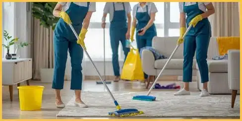 A team of professional cleaners in Surrey tidying a living area.