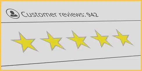 A photo of customer reviews with five-star ratings.