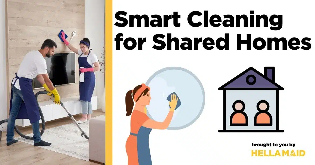 An image showing cleaners tidying up a living area, with graphics of a cleaner wiping a mirror and a house-sharing icon, alongside text about "who's in charge of cleaning common areas in shared homes."