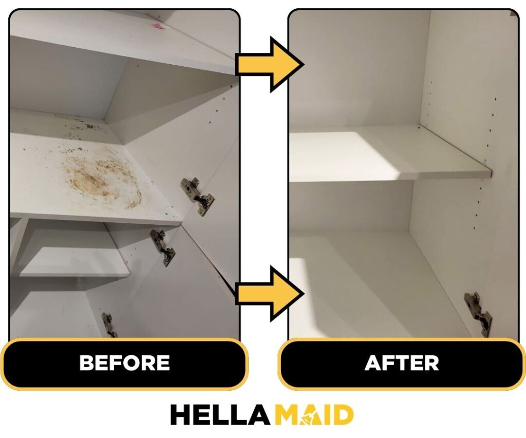 Before and after of a cabinet cleaned by Hellamaid, a reputable cleaning service in Brampton.