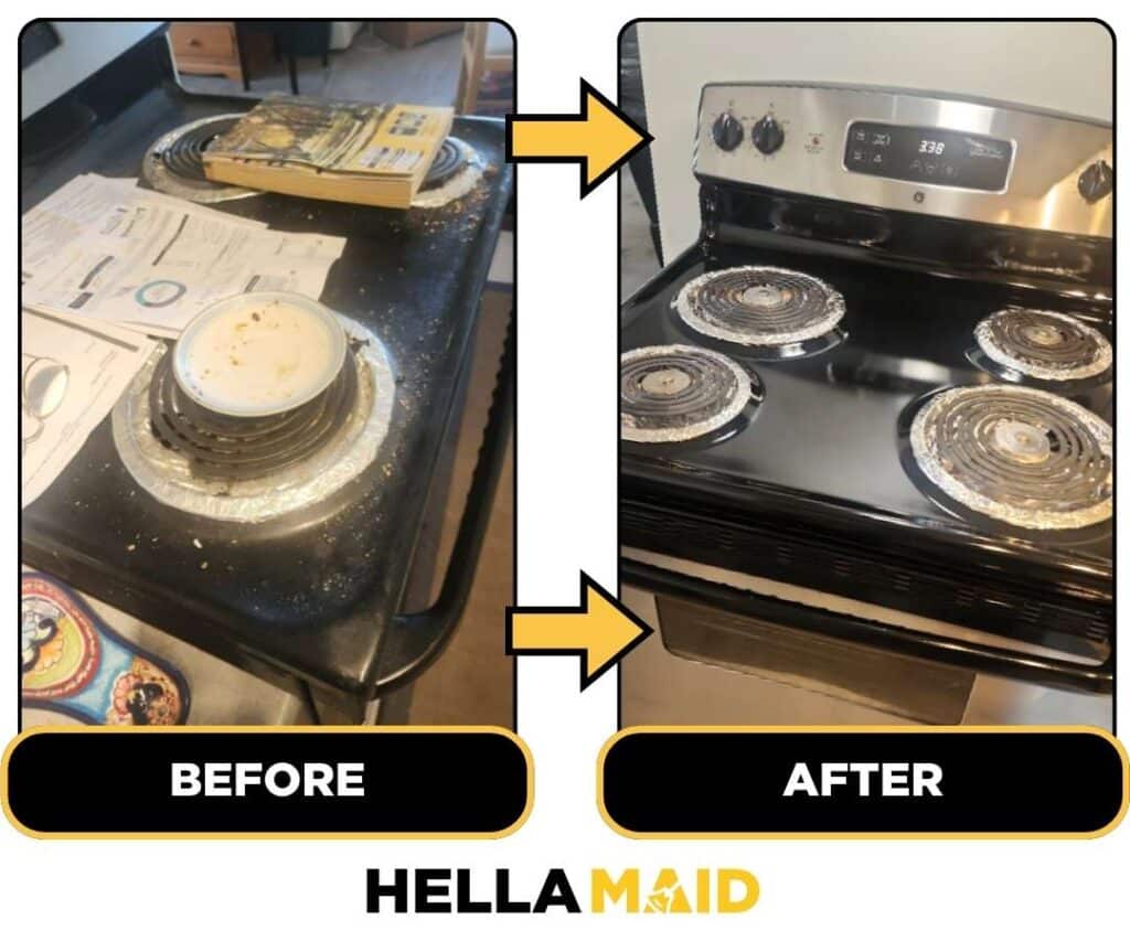 Before and after of a stovetop cleaned by Hellamaid, the best cleaning service in Brampton.