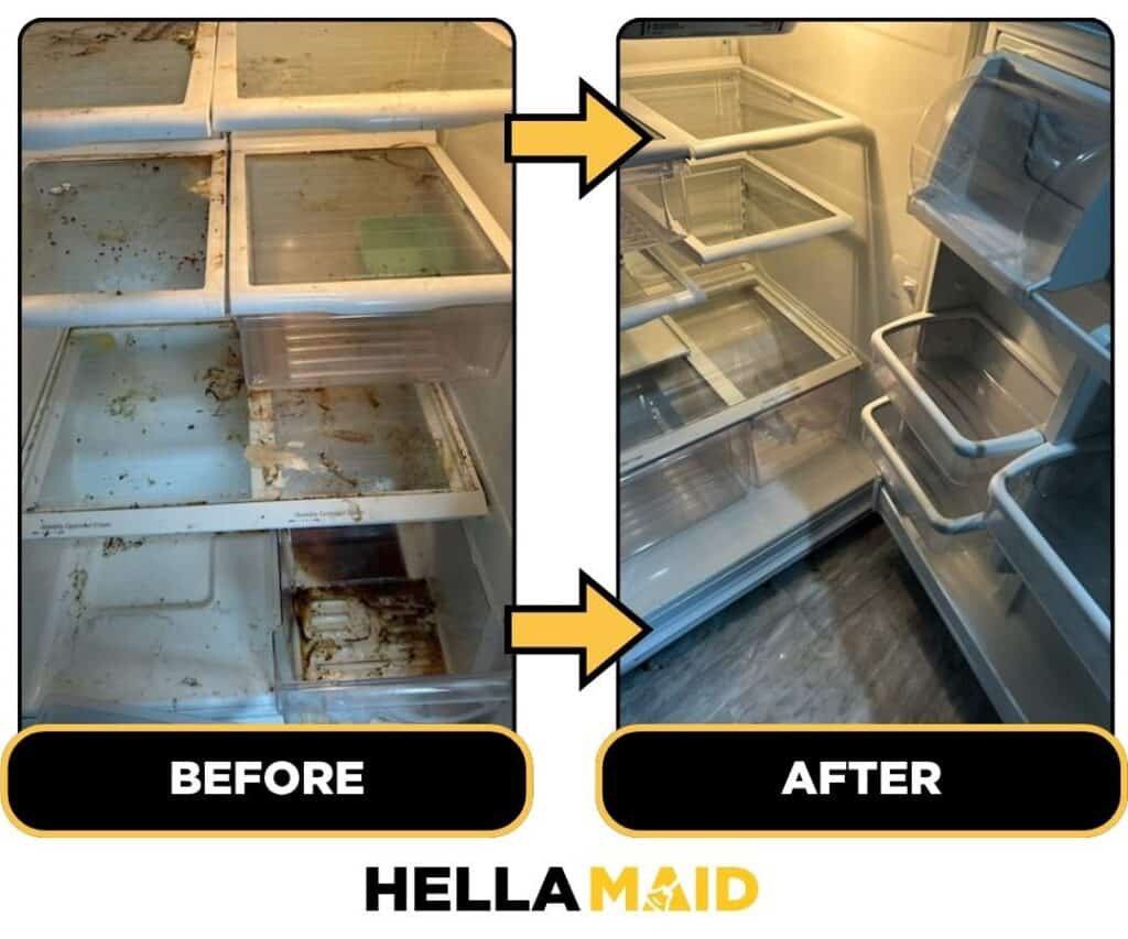 Before and after of a fridge cleaned by Hellamaid, a reliable cleaning service in Burlington.