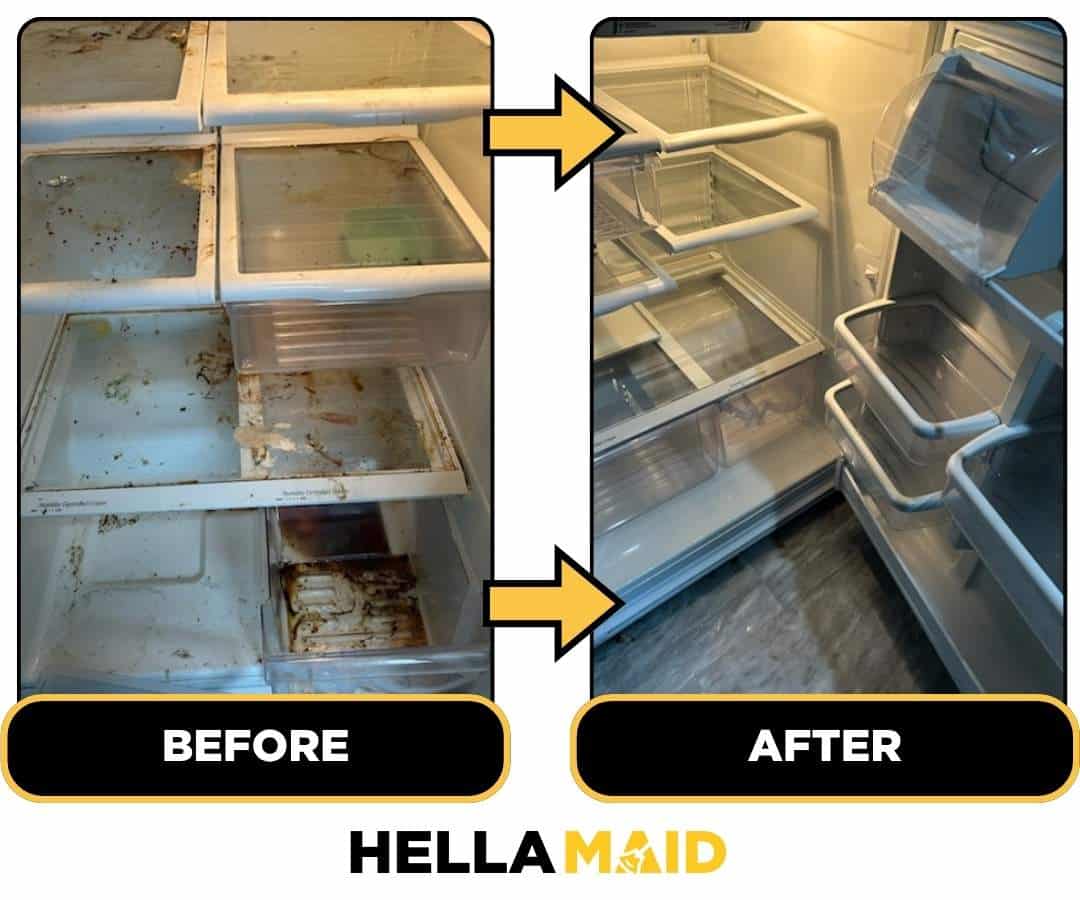 Before and after of a fridge cleaned by Hellamaid, a reliable cleaning service in Burlington.