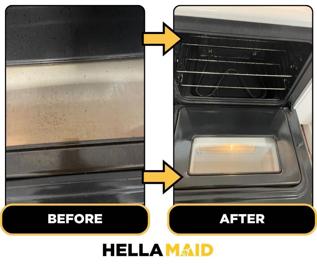 Before and after of a microwave cleaned by Hellamaid, a trusted cleaning service in Burlington.