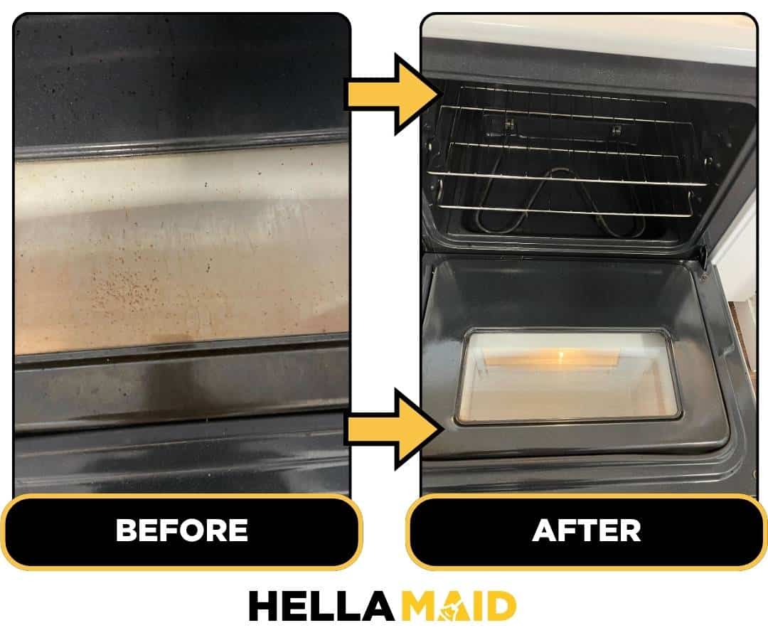 Before and after of a microwave cleaned by Hellamaid, a trusted cleaning service in Burlington.