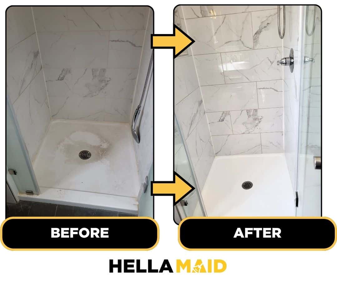 Before and after of a bathroom cleaned by Hellamaid, a dependable cleaning service in Burnaby.
