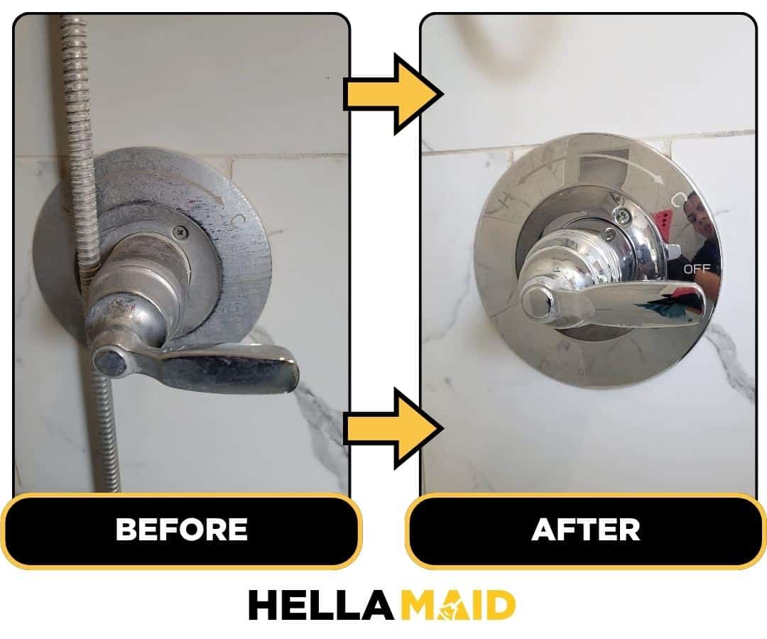 Before and after of a shower faucet cleaned by Hellamaid, a reliable cleaning service in Burnaby.