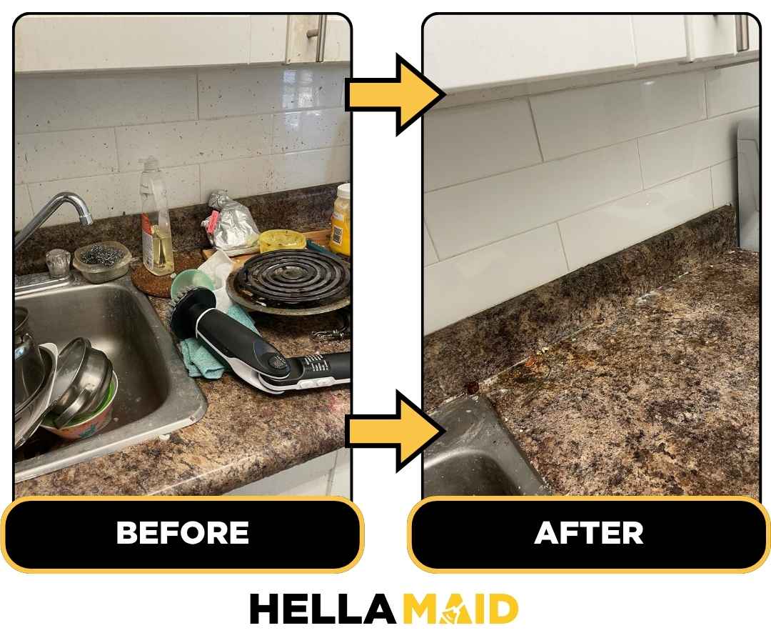 Before and after of a dirty kitchen sink cleaned by Hellamaid, a reliable cleaning service in Calgary.