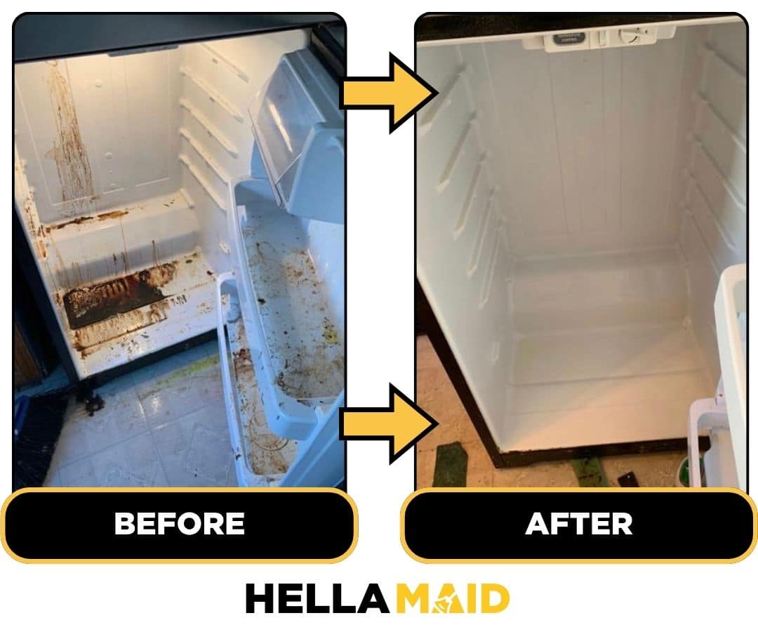 Before and after of a dirty fridge being cleaned by Hellamaid, a trusted cleaning service in Calgary.