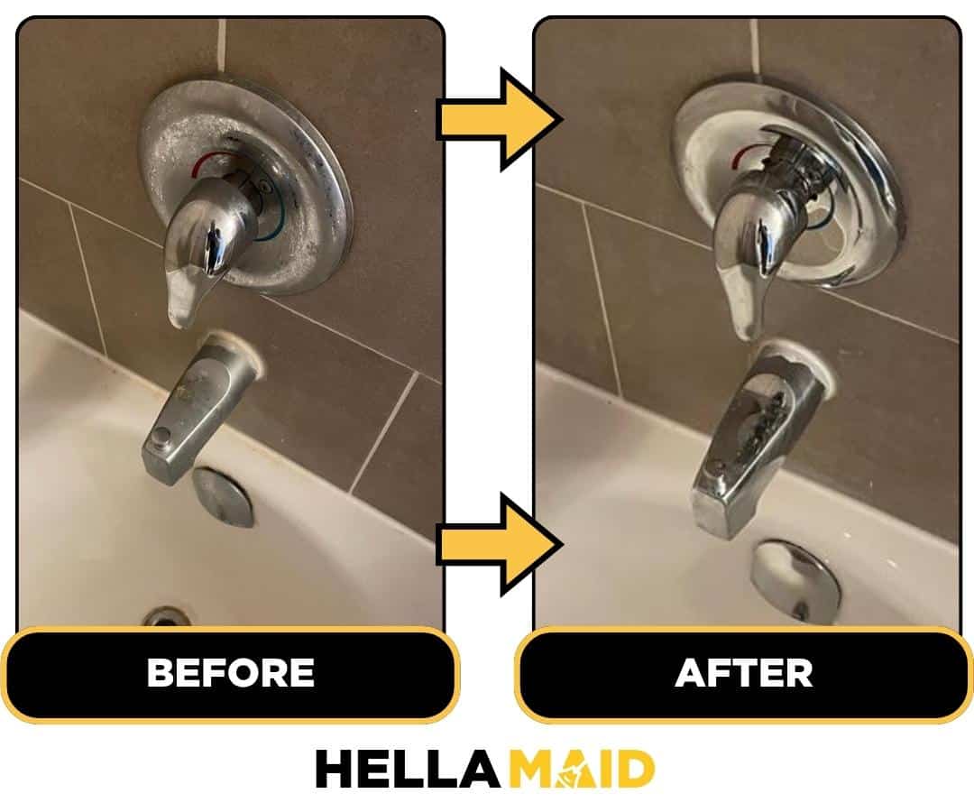 Before and after of a bathtub faucet cleaned by Hellamaid, a reputable cleaning service in Vancouver.