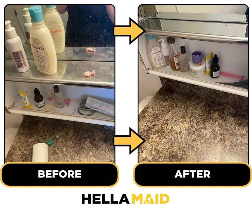 Before and after of a vanity shelf cleaned by Hellamaid, a go-to cleaning service in Vancouver.