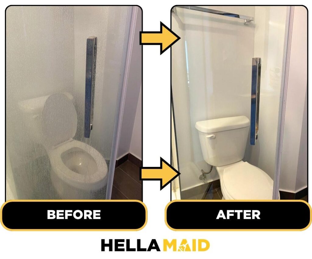 Before and after of a bathroom glass cleaned by Hellamaid, a reputable cleaning service in Etobicoke.