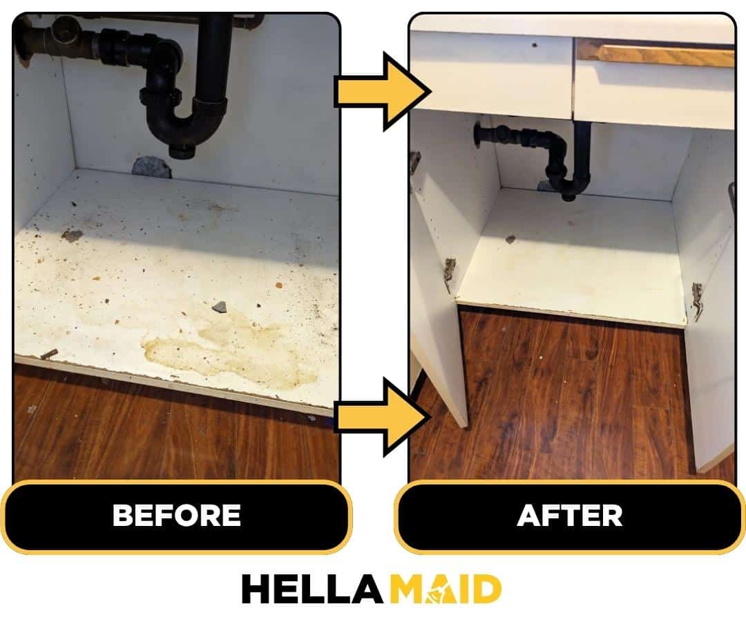 Before and after of an under the sink cabinet cleaned by Hellamaid, a trusted cleaning service in Etobicoke.