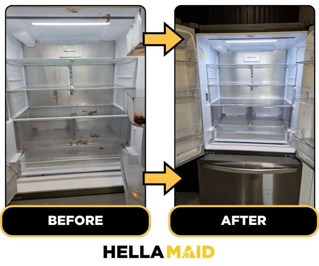 Before and after of a fridge cleaned by Hellamaid, a dependable cleaning service in Guelph.