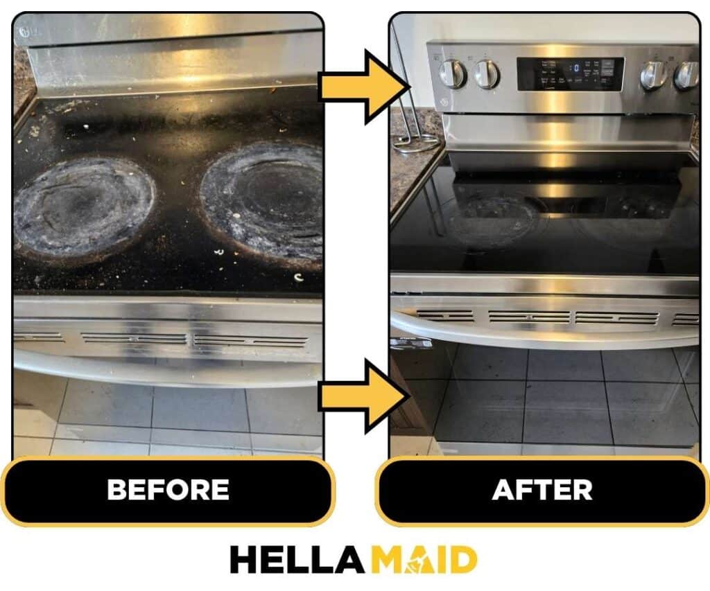 Before and after of a stovetop cleaned by Hellamaid, a trusted cleaning service in Guelph.