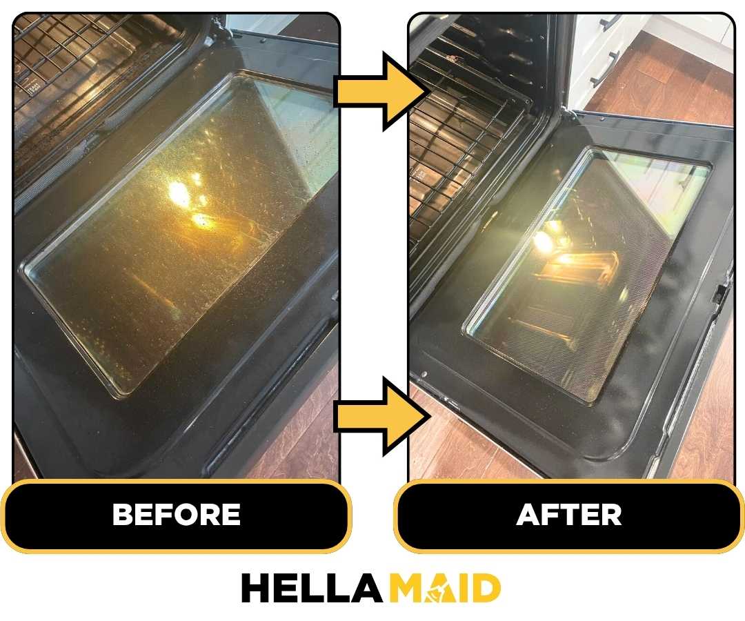Before and after of an oven cleaned by Hellamaid, a trusted cleaning service in Hamilton.