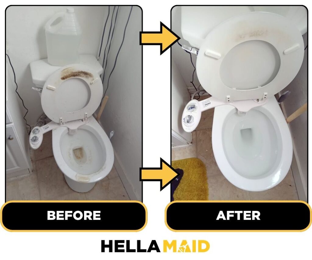 Before and after of a toilet cleaned by Hellamaid, a trusted cleaning service in Hamilton.