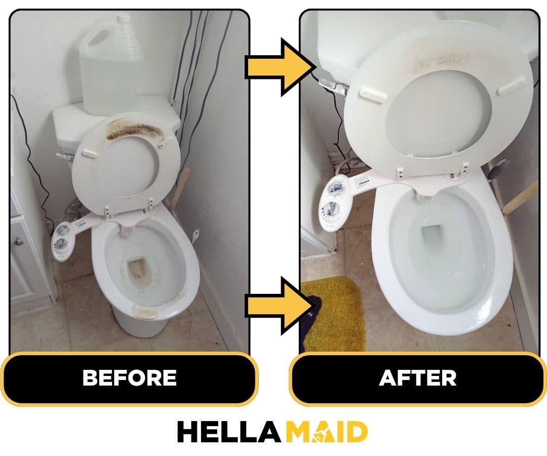 Before and after of a toilet cleaned by Hellamaid, a trusted cleaning service in Hamilton.