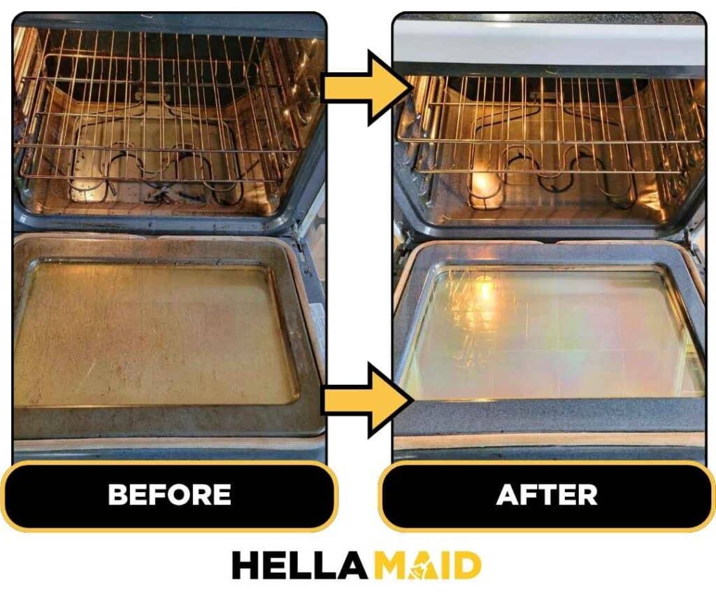 Before and after of a stove cleaned by Hellamaid, a trusted cleaning service in Kitchener.