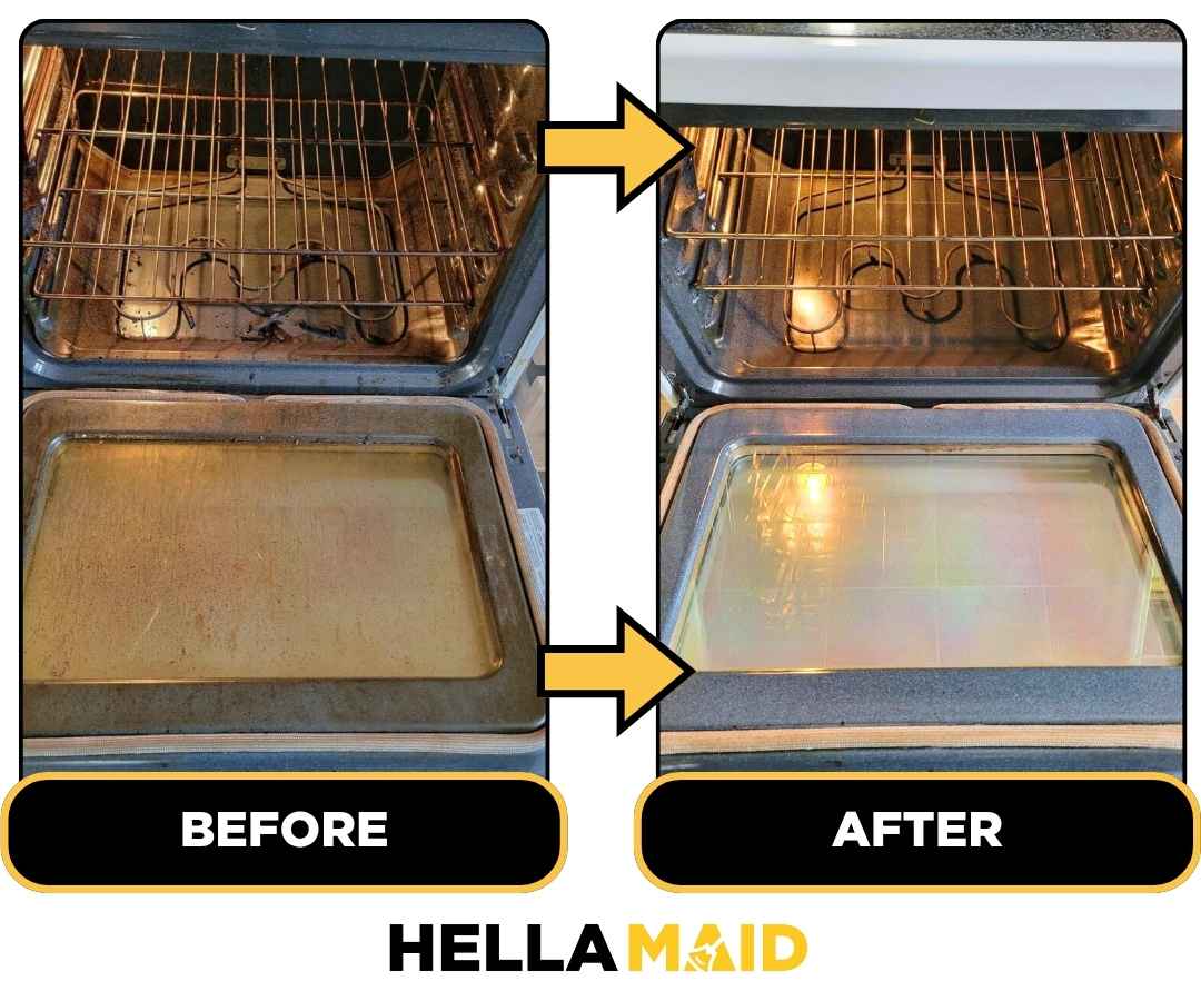 Before and after of a stove cleaned by Hellamaid, a trusted cleaning service in Kitchener.