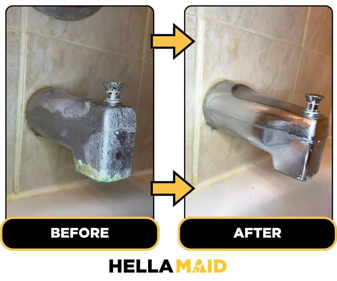 Before and after of a bathtub faucet cleaned by Hellamaid, a reliable cleaning service in London, Canada.