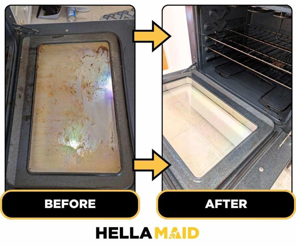 Before and after of an oven cleaned by Hellamaid, a dependable cleaning service in London, Canada.
