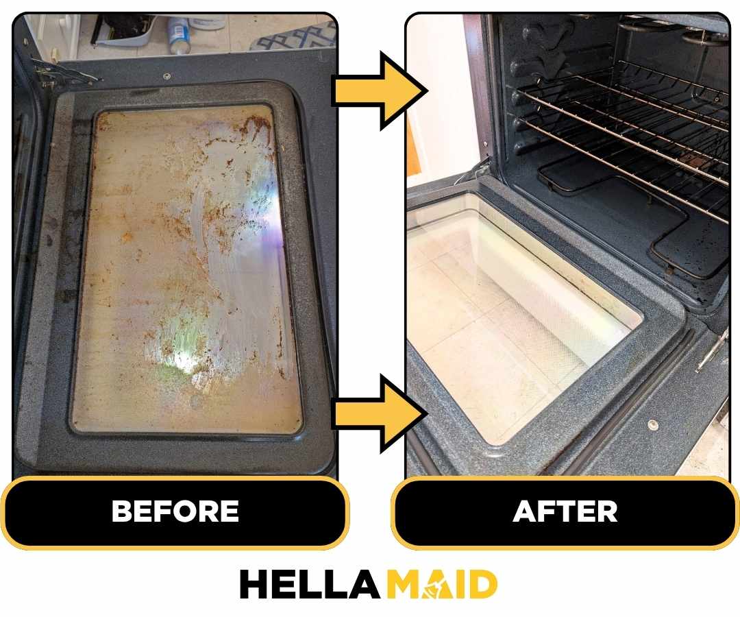 Before and after of an oven cleaned by Hellamaid, a dependable cleaning service in London, Canada.