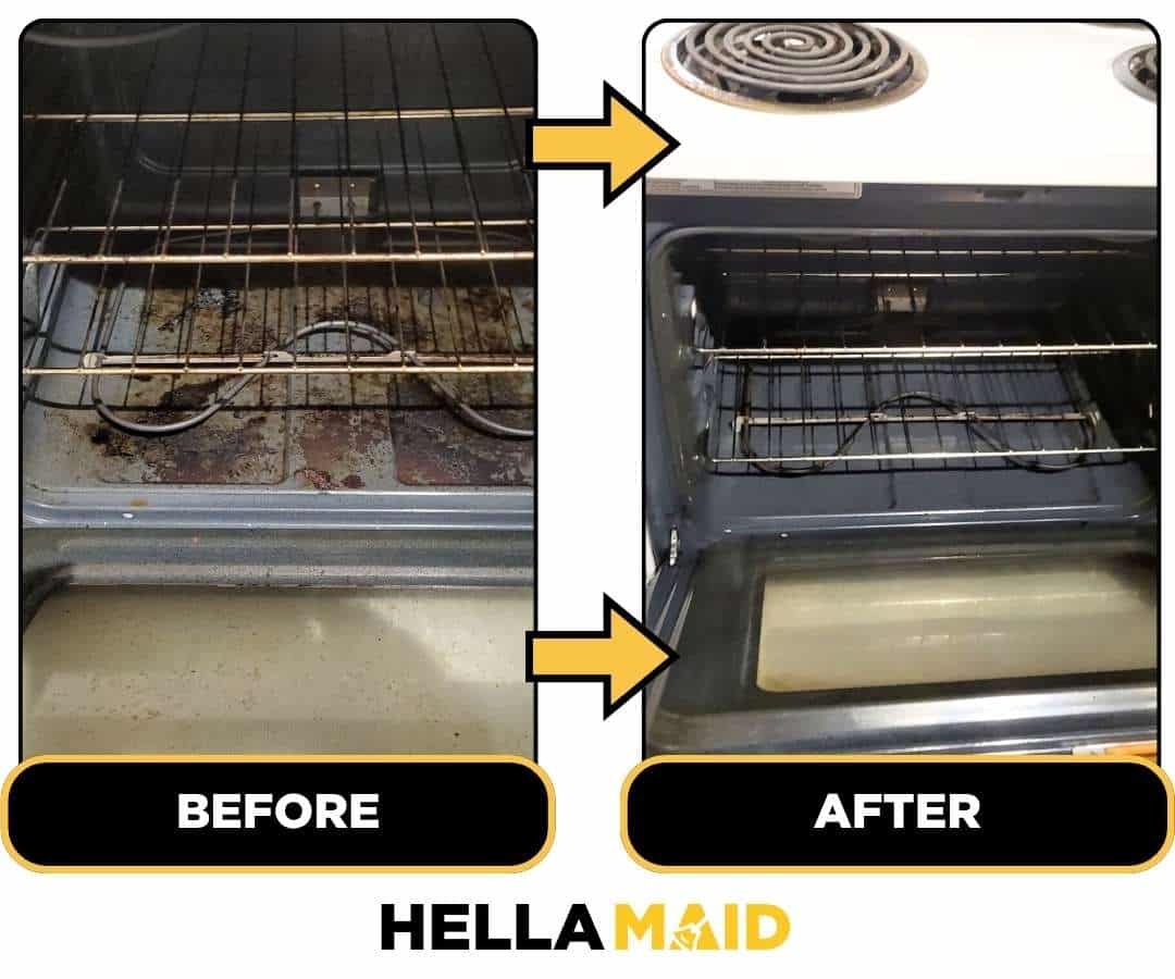 Before and after of a microwave cleaned by Hellamaid, a credible cleaning service in Markham.