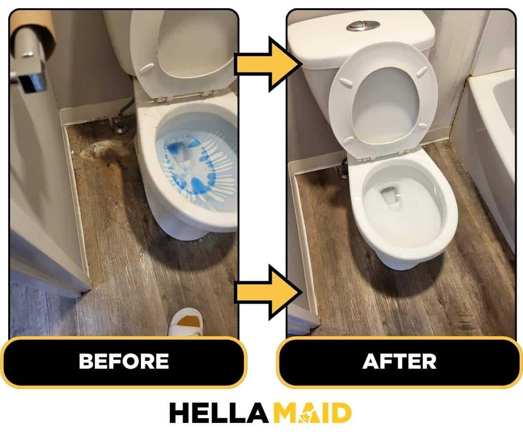 Before and after of a toilet cleaned by Hellamaid, a reputable cleaning service in Markham.