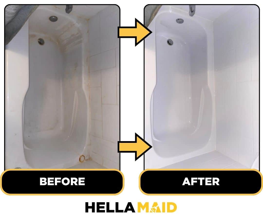 Before and after of a bathtub cleaned by Hellamaid, a trusted cleaning service in Mississauga.