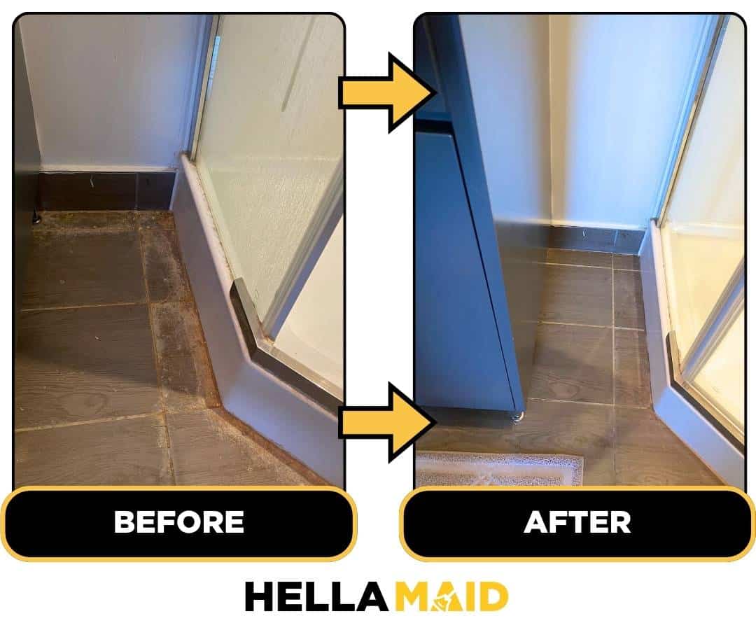 Before and after of a floor corner cleaned by Hellamaid, a trusted cleaning service in Mississauga.