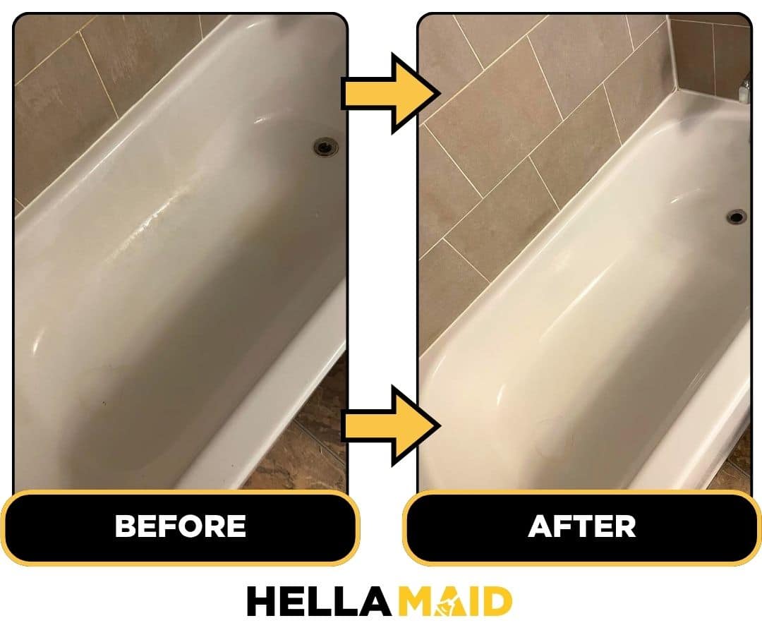 Before and after of a bathtub cleaned by Hellamaid, a trusted cleaning service in Niagara Region.