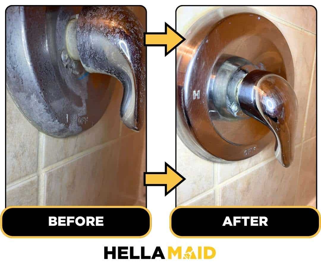 Before and after of a bathtub faucet cleaned by Hellamaid, a reliable cleaning service in Niagara Region.