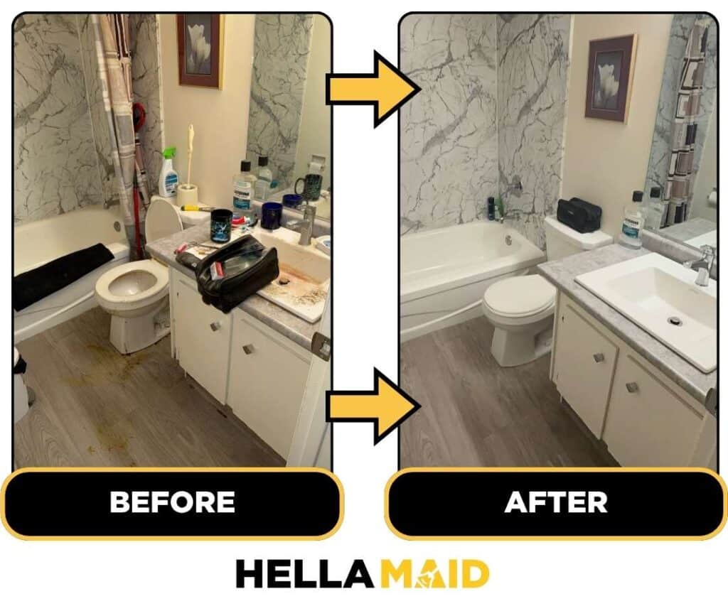 Before and after of a bathroom cleaned by Hellamaid, a go-to cleaning service in Oakville.