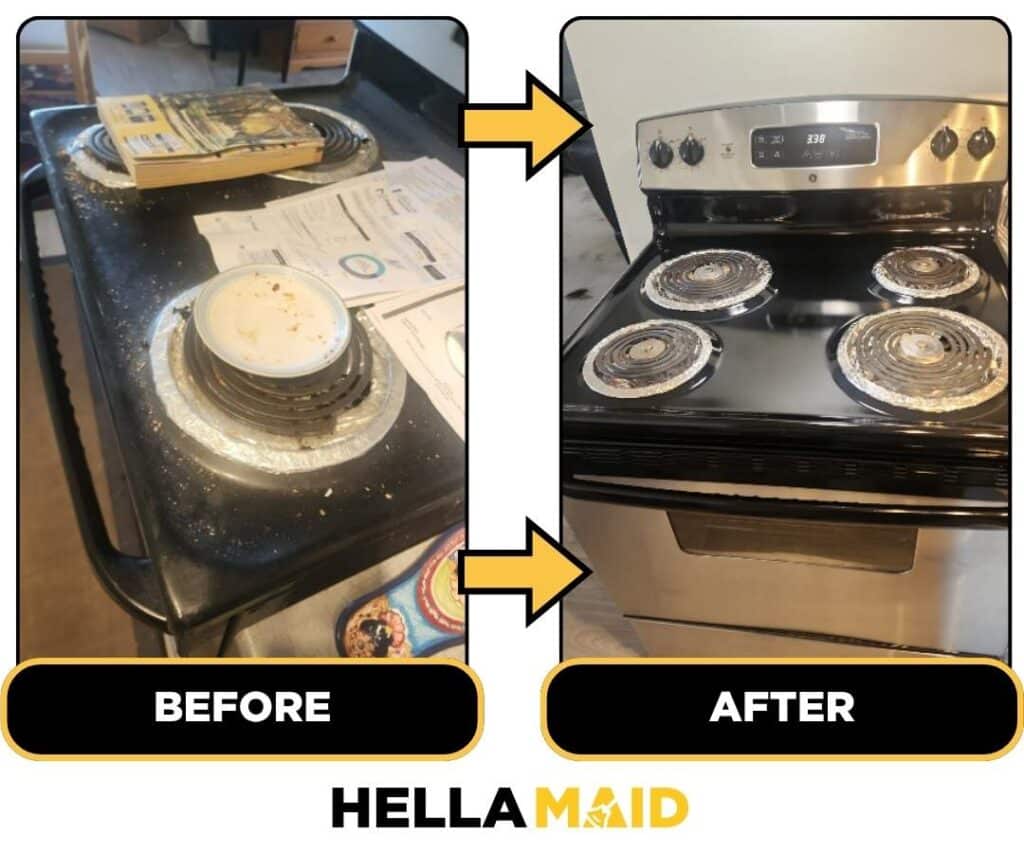 Before and after of a stovetop cleaned by Hellamaid, a trusted cleaning service in Oakville.