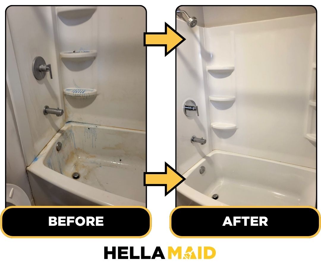 Before and after of a bathtub cleaned by Hellamaid, a reliable cleaning service in Oshawa.