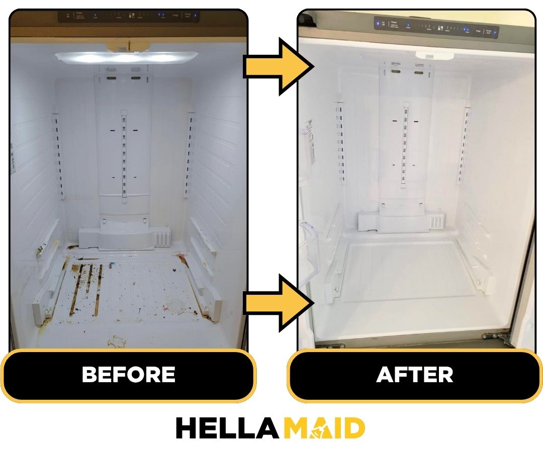 Before and after of a fridge cleaned by Hellamaid, a dependable cleaning service in Oshawa.
