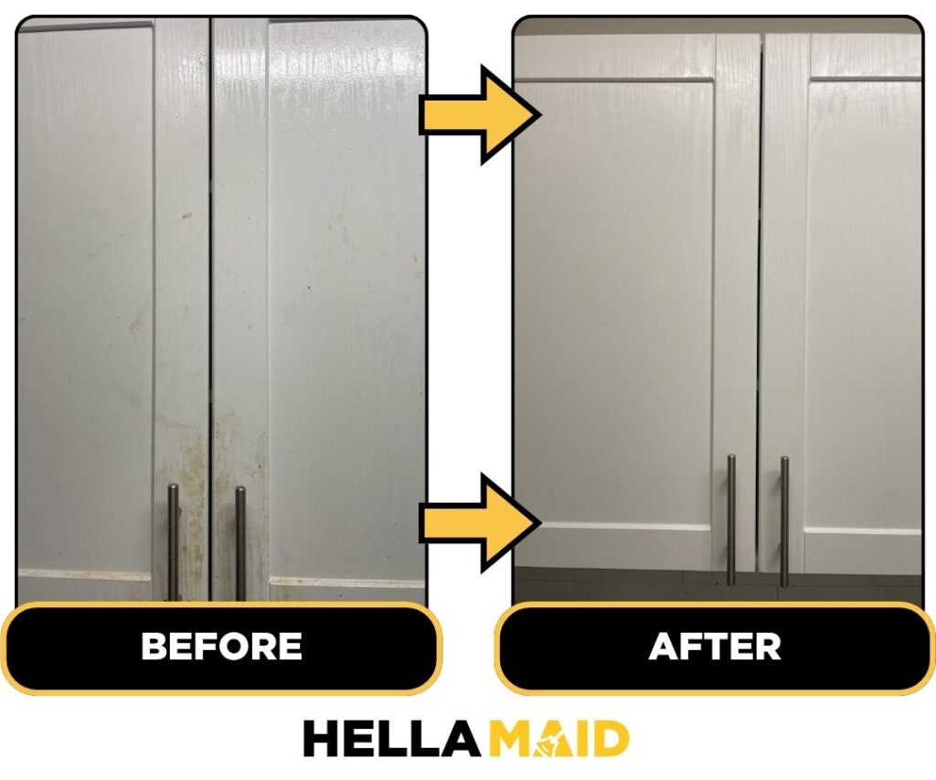 Before and after of a cabinet cleaned by Hellamaid, a trusted cleaning service in Ottawa.