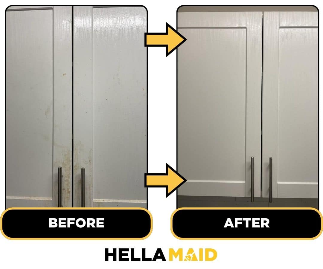 Before and after of a cabinet cleaned by Hellamaid, a trusted cleaning service in Ottawa.