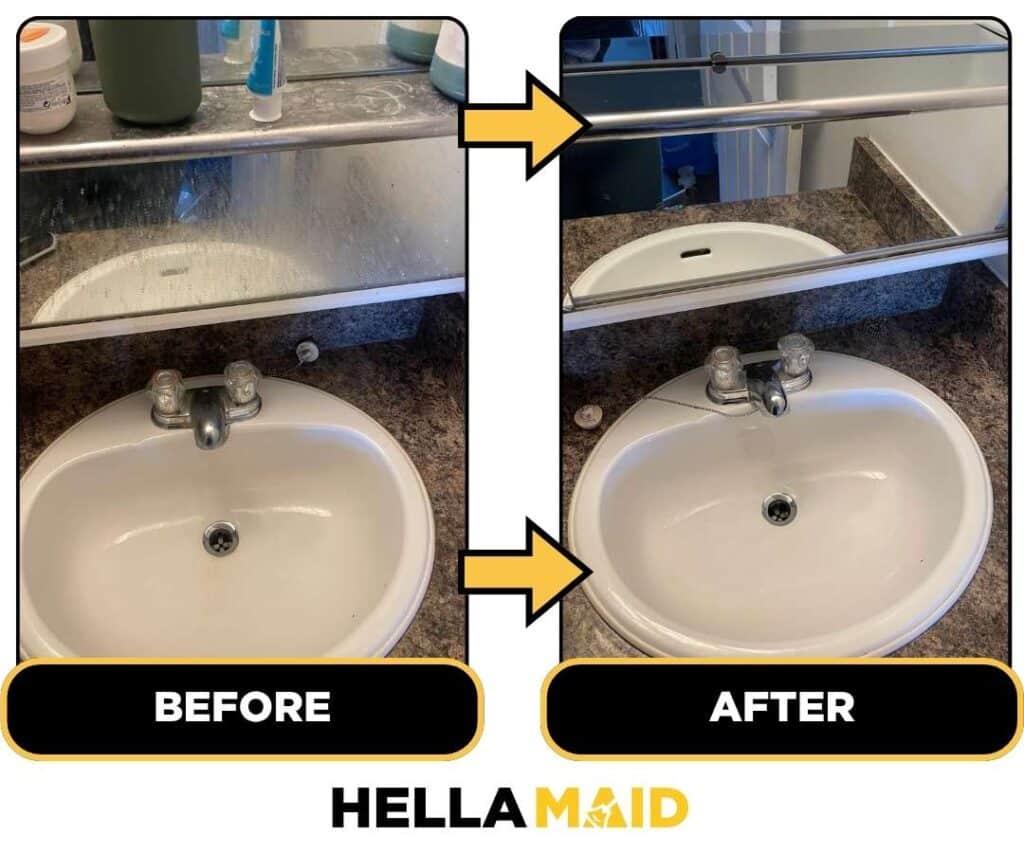 Before and after of a bathroom sink cleaned by Hellamaid, a trusted cleaning service in Ottawa.