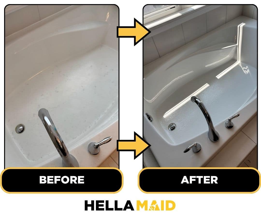 Before and after of a bathtub cleaned by Hellamaid, the best cleaning service in Richmond Hill.